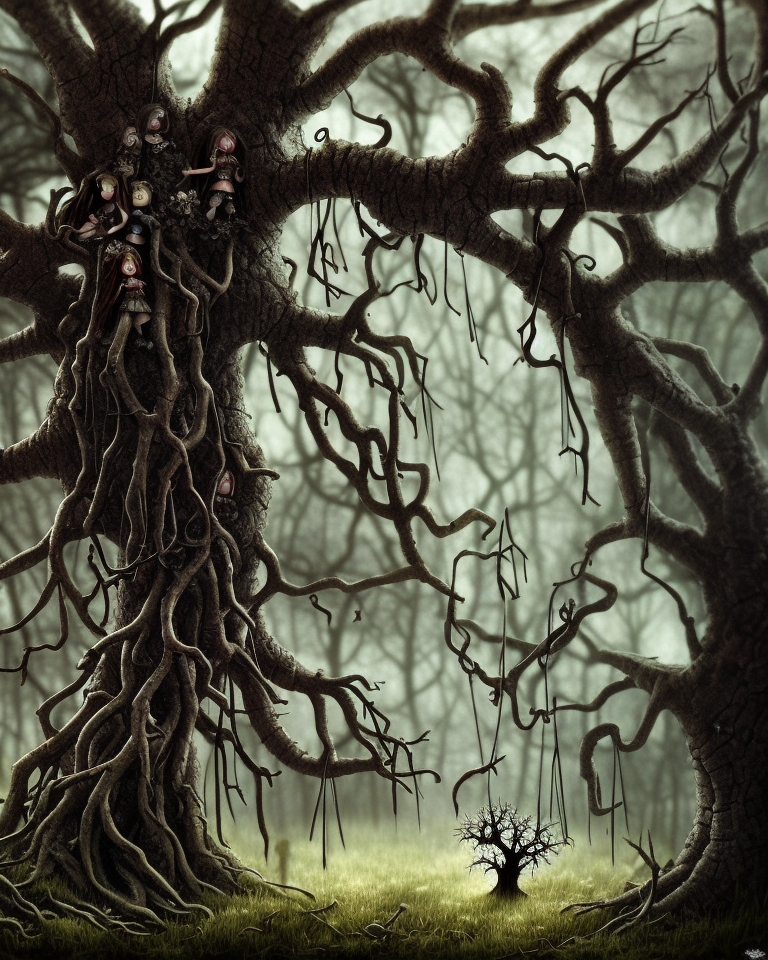 dark medieval, gnarled tree with twig dolls hanging from branches, bare roots, hole in the ground, Warhammer fantasy, summer, trees, misty, overcast, Dark, creepy, grim-dark, gritty, Yuri Hill, hyperdetailed, realistic, illustration, high definition, 4K, oil on canvas