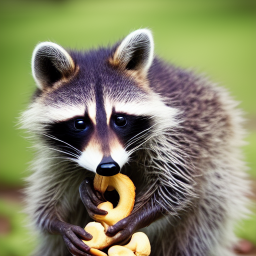 A raccoon eating a cashew   ultra-realistic potrait cinematic lighting 80mm lens, 8k, photography bokeh