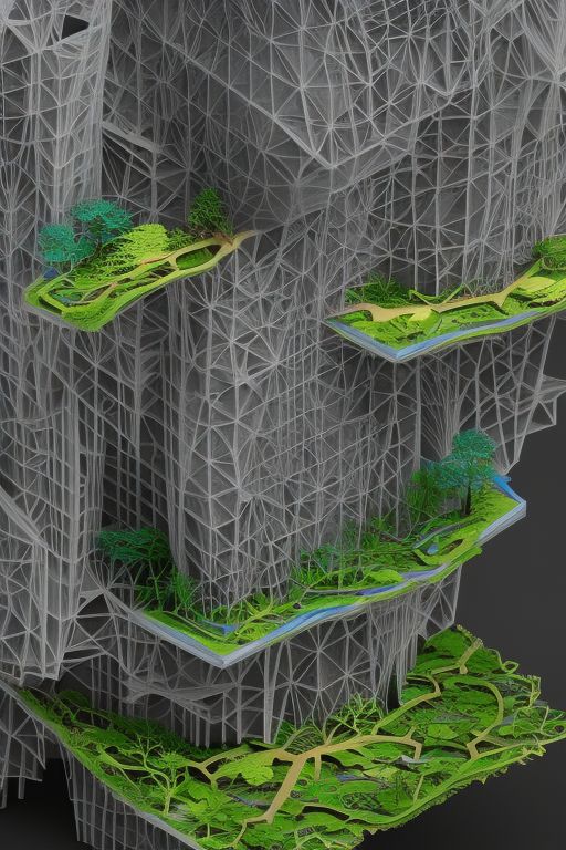 3 d printed physical model organic flowy including more than one city into one vertical building model that sits on a table in a room with a view back, multiple stories, transparent, with vegetation, colorful, wooden material, section cut, eye - level view, 8 0 k, octane render, highly detailed 3 d render,