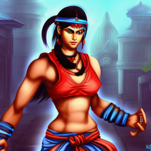 portrait of Rudra, character of Streets of Rage Remake, female, ninja, blue haired, shiva