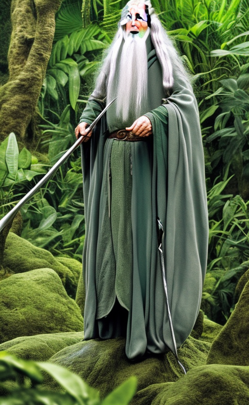 Gandalf wearing dark green standing on a fish in jungle