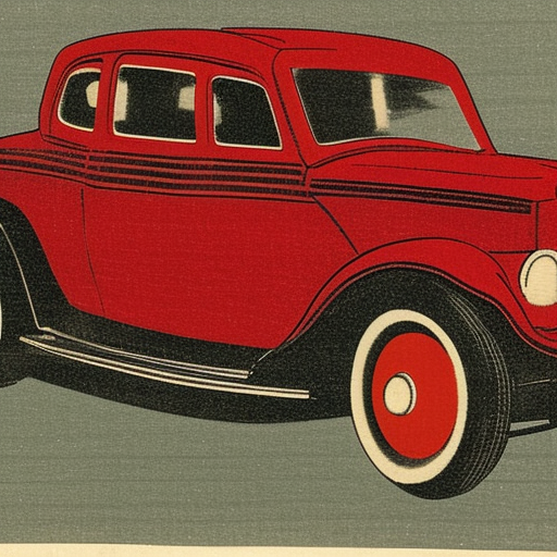 old model of ford car, Japanese woodblock