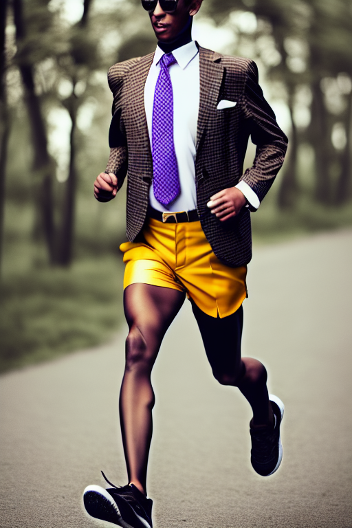 A tiger wearing a suit jacket with a tie and short running shorts