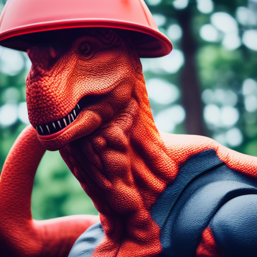 Dinosaur fireman ultra-realistic portrait cinematic lighting 80mm lens, 8k, photography bokeh