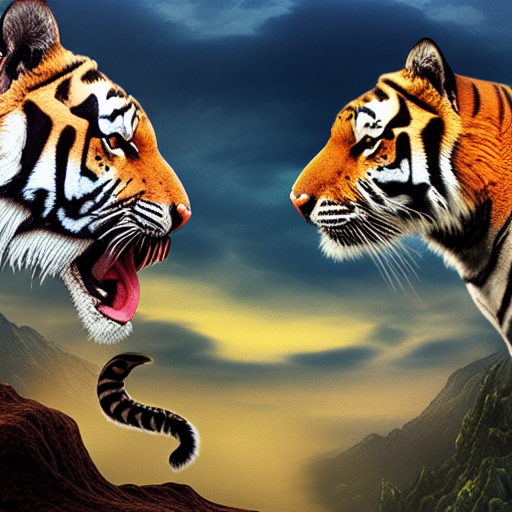 a tiger and dragon next to each other on a cliff. Realistic