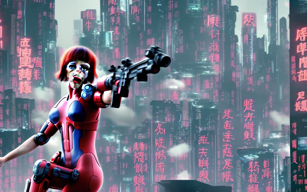 realistic scarlett johansson character from ghost in the shell, falling from the sky through clouds into a futuristic city on fire, with neon billboards of english and chinese characters


