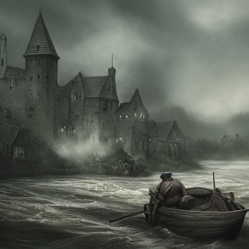 dark medieval big river, rocky rapids, two water levels, lock with two sluices between island and shore, Warhammer fantasy, house, summer, trees, fishing, nets, black adder, muddy, misty, overcast, Dark, creepy, grim-dark, gritty, hyperdetailed, realistic, illustration, high definition