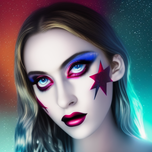 concept art, baphomet, glamor, blue, stars, miracle, romance, happy, big eyes, lips posing, teal and magenta, in a hidden temple ultra-realistic portrait cinematic lighting 80mm lens, 8k, photography bokeh