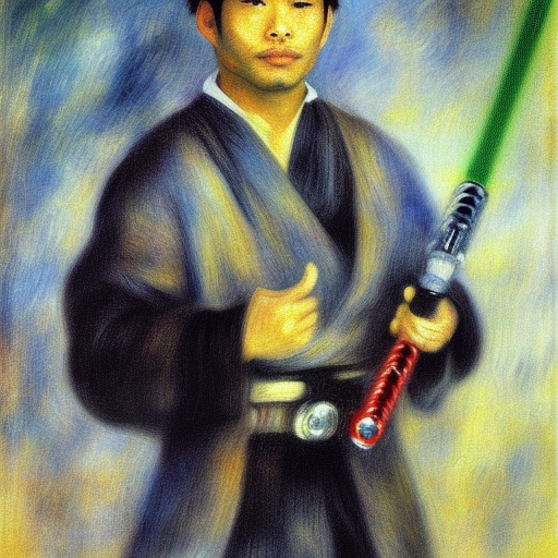 hyperdetailed closeup portrait by renoir  of asian jedi knight posing with lightsaber