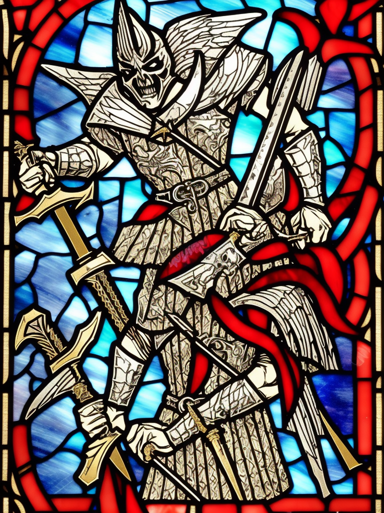 young evil satanic triumphant gladiator with sword, Warhammer fantasy, stained glass, black and red, gold and blue, grim-dark, detailed