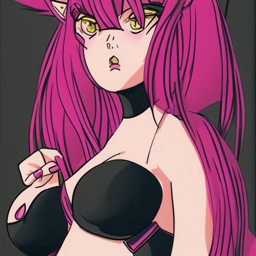 portrait of curvy anthropomorphic cat woman, with long pink hair, cute, high detail, 90s anime