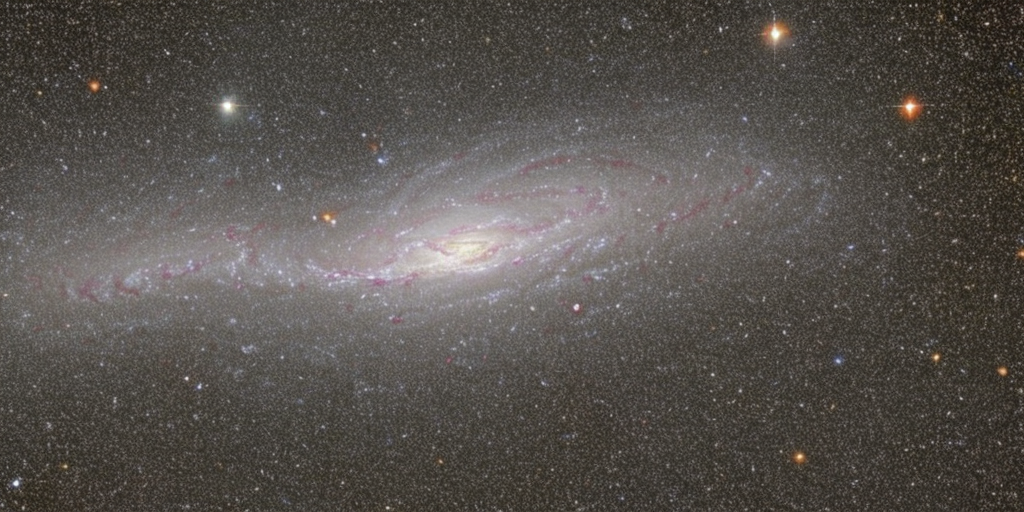 a drawing of a Beautiful spiral galaxy NGC 6744 is nearly 175,000 light-years across, larger than our own Milky Way. It lies some 30 million light-years distant in the southern constellation Pavo, its galactic disk tilted towards our line of sight. This Hubble close-up of the nearby island universe spans about 24,000 light-years across NGC 6744's central region in a detailed portrait that combines visible light and ultraviolet image data. The giant galaxy's yellowish core is dominated by the visible light from old, cool stars. Beyond the core are pinkish star forming regions and young star clusters scattered along the inner spiral arms. The young star clusters are bright at ultraviolet wavelengths, shown in blue and magenta hues. 