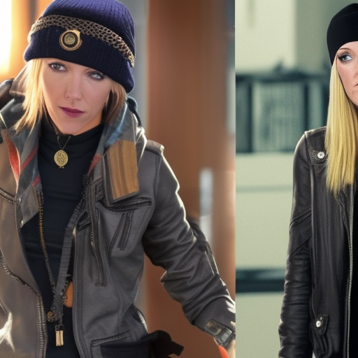 Bullet necklace, black boots, short Blonde hair, beanie. Katie Cassidy as Chloe Price Life Is Strange