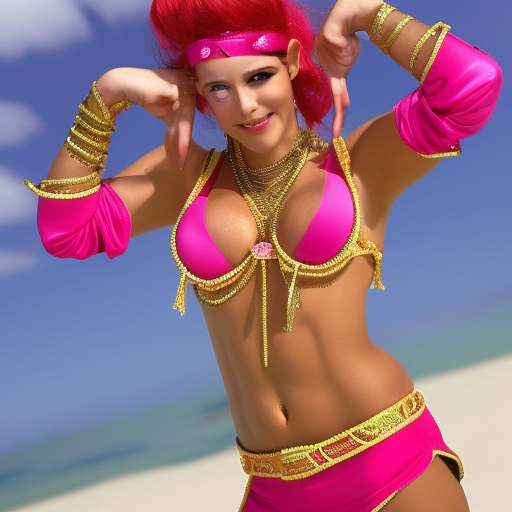 Realistic, high-quality, detailed, 8k, photorealistic, attractive, gorgeous, beautiful, extremely massive breasted, feminine, female genie wearing extremely revealing pink genie outfit with red vest and pink hairband  summoned out of magic bottle on a deserted Island and is ready to grant your every wish
