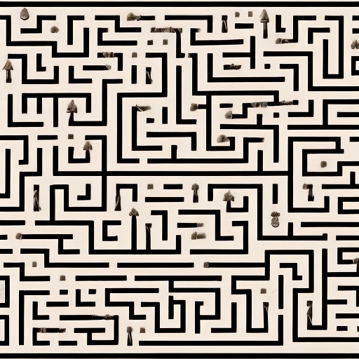 Draw a complex labyrinth with a complete path from entry to exit