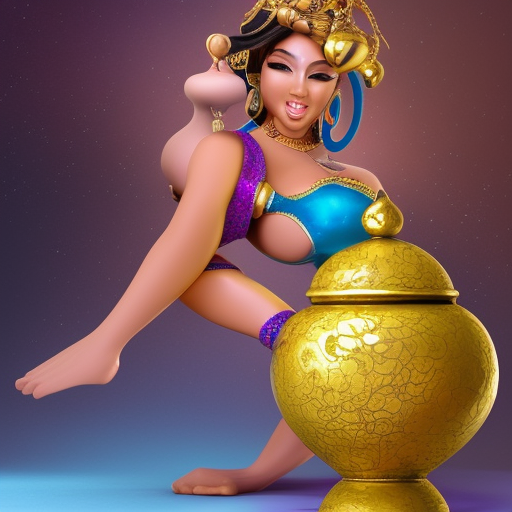 Realistic, high-quality, detailed, 8k, photorealistic, ultrarealistc, massive breasted, Female genie with extremely revealing genie outfit holding her itty-bitty golden magic teapot that has purple smoke leading directly out of the spout to her hips, stuning fantasy photograph, render of a beautiful and seductive female genie, beautiful photo of a fairytale, blue djinn, fantasy photography, beautiful genie girl, jinn