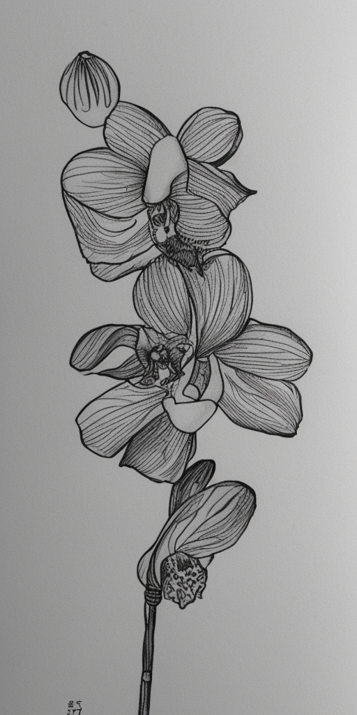 a ink drawing of an orchid blossom opens and out comes a rocket (like from an egg)