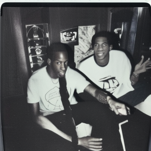 Old Polaroid photo of Travis Scott playing video games in old hotel