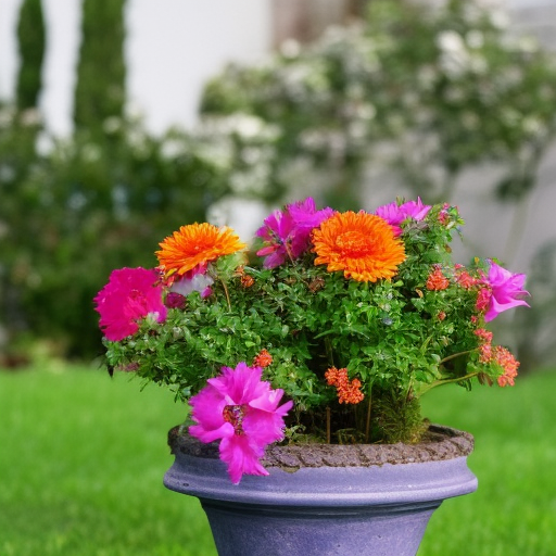 flowers in a pot, lush greenery in the background