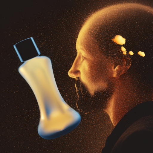 silhouette of a mans head with fragrance bottle exploding out of the top of his head