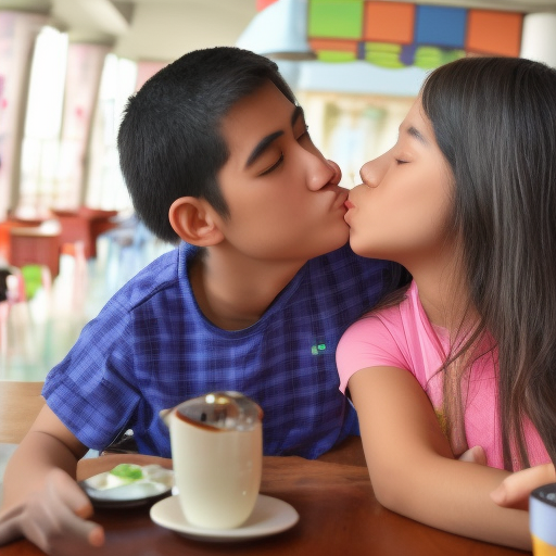 two preteens melayu girl kissing in cafe 