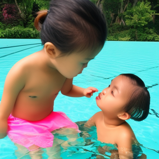 two Little malay girl kissing in swimming pool 