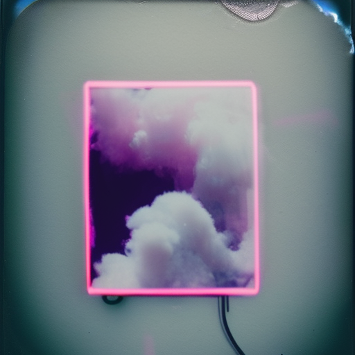 polaroid of everything made from cotton candy, smoke, and clouds, mix, DADA collage, texture, lomography, fashion neon light in darkness