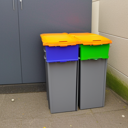 wheelie bins aligned in a 5 x 5 matrix with different coloured lids