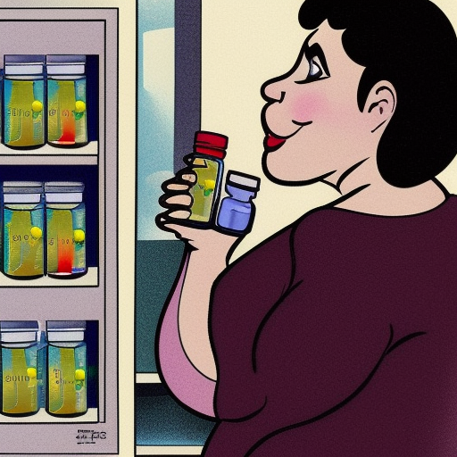 cartoon fat women holding a full pill bottle looking into a mirror and seeing a thinner version with an empty pill bottle
