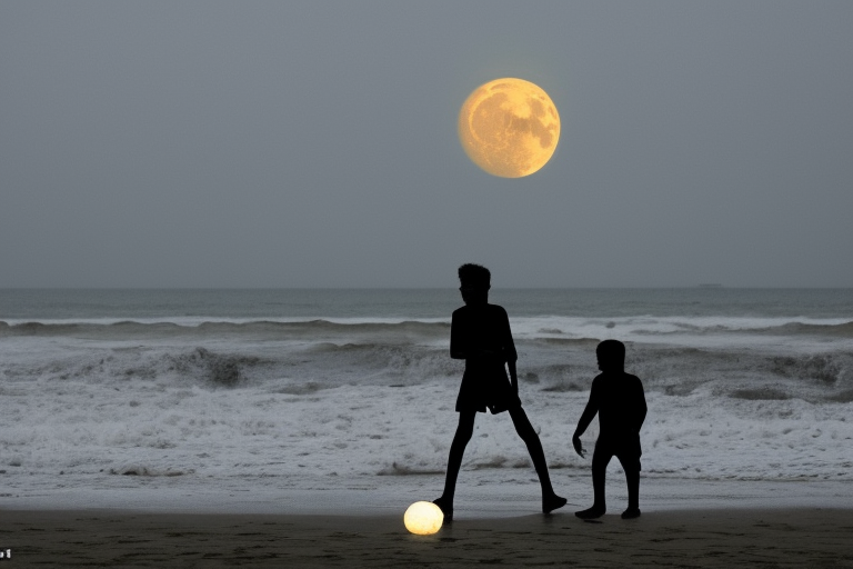 Silhouette d'un garçon de 15 ans, marchant au bord d'une plage, la nuit avec un ciel étoilé et une grande lune 