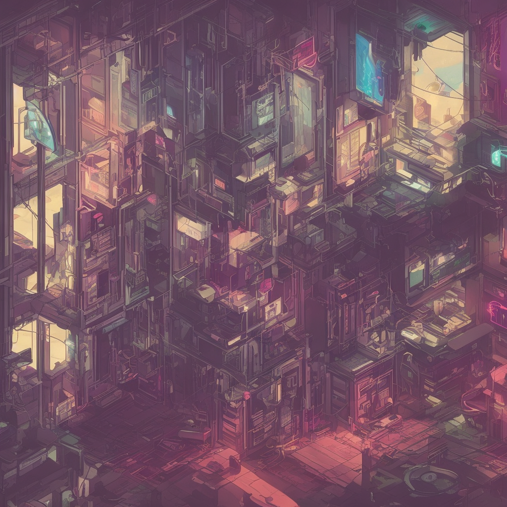 low angle shot of a cyberpunk livingroom, window with night sky, dark lighting, Ghibli style, anime background, anime concept art, cyberpunk2077, cel-shading, vanishing point