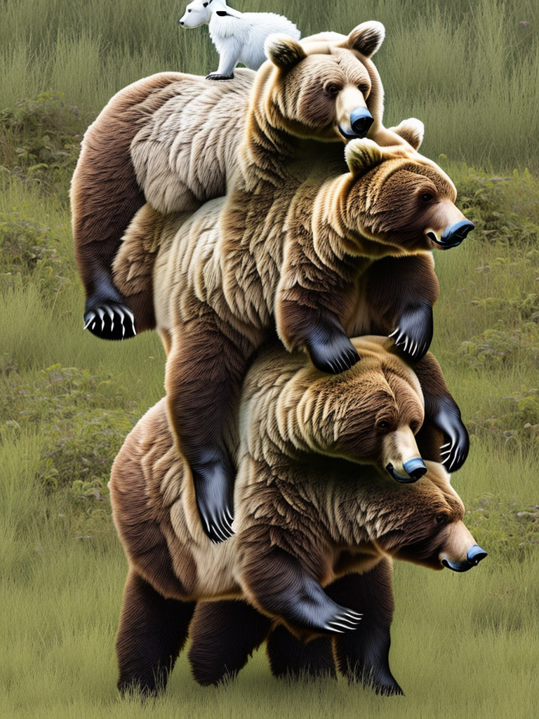 brown bear carrying four white rabbits on his back to cross river, 3D