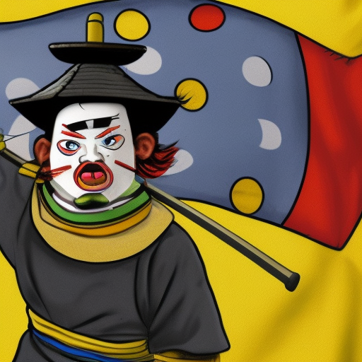 angry samurai clown with ecuadorian flag from further perspective on a hill