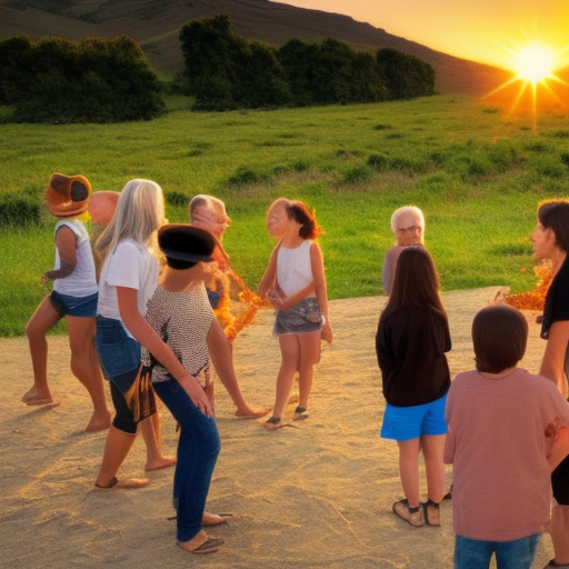 Create an image of a majestic landscape featuring a picturesque sunset with warm, golden light illuminating the sky. In the foreground, there should be a group of people of different ages and cultures, gathered together and enjoying the sunset. They should be smiling and looking happy, and their body language should suggest a sense of unity and peace. The background should also feature a body of water, such as a lake or ocean, with gentle waves lapping at the shore.