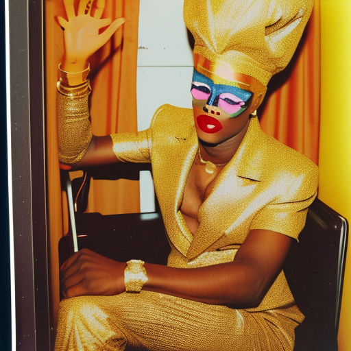 African drag queen wearing a gold suit, sitting by window in hotel room Kingston, Jamaica, vintage color polaroid, by Andy Warhol—v 4