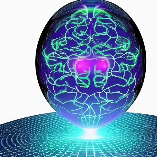 Generate a humanoid person's brain, locked up inside a virtual universe. The brain is depicted as a glowing blue orb, suspended inside a large bubble made of shimmering purple and blue hues. The bubble is tethered to the ground by a heavy chain, which is wrapped tightly around the brain and secured with a large padlock.
The virtual universe surrounding the brain is a chaotic landscape of swirling colors and distorted shapes, representing the person's inner turmoil and distorted perception of the world. The space around the bubble is filled with a deep void, emphasizing the sense of isolation and loneliness that often accompanies depression.
