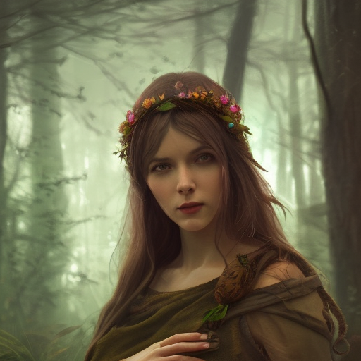 a pretty female druid surrounded by forest animals, hyper realistic, digital painting, photorealistic, in the style of greg rutkowski, detailed face ultra-realistic portrait cinematic lighting 80mm lens, 8k, photography bokeh