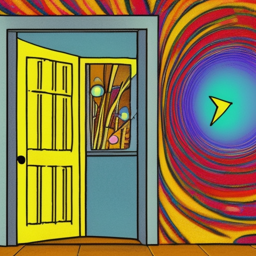 Draw an open door with broom frames on its sides and a psychedelic-colored cloud frame on top. In the doorway, draw a character facing away from the viewer, holding onto the door jambs and looking out into a landscape. The landscape should show a starry sky with a shooting star in the background. The sky should also contain musical notes, formulas from physics, chemistry, biology, and other scientific symbols. The floor of the landscape should be made of pages from old books written by hand.