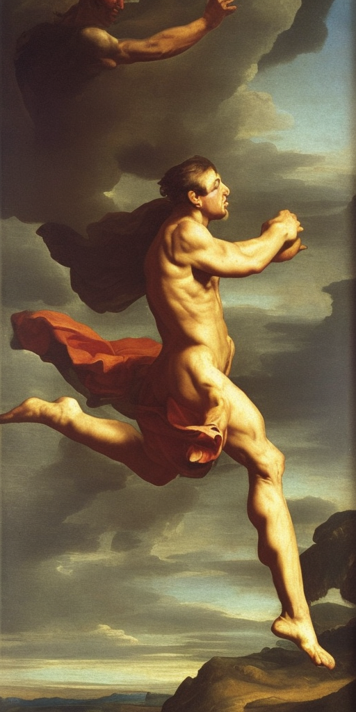 a classicism painting of Run, keep running, keep breathing, keep breathing! If we're honest: He doesn't appear like that anymore, he lets us perform, uses us as figures who, without having to show himself, are supposed to show his strength, greatness after carrion.