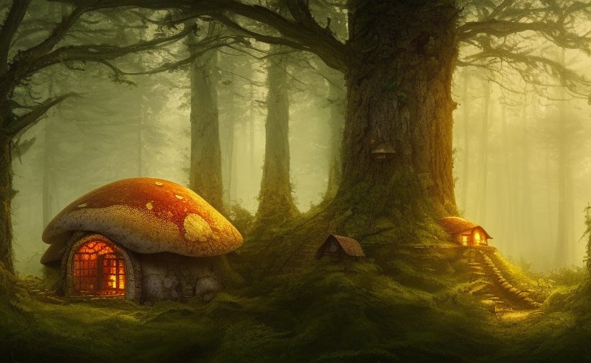 A mushroom house in a mushroom, warm light coming from the windows, in a dark forest, macro, cool tones, underexposed, overecast, mysterious matte painting by greg rutkowski and marc simonetti and Ivan Shishkin, 4k