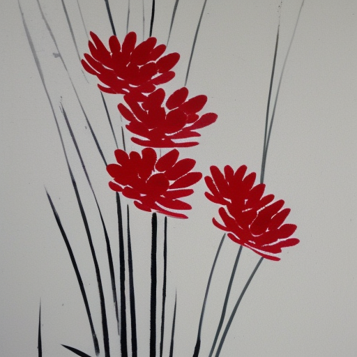 japanese red flower and bamboo sticks  stylezed ink painting in white canvas
