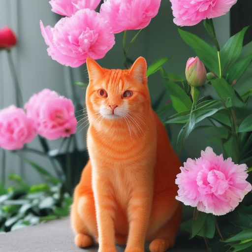 orange cat smells pink peonies