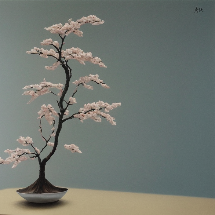 a sculpture of sakura tree on the table, hyperrealism oil painting