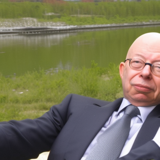 tired Klaus Schwab with smoking factories in the background