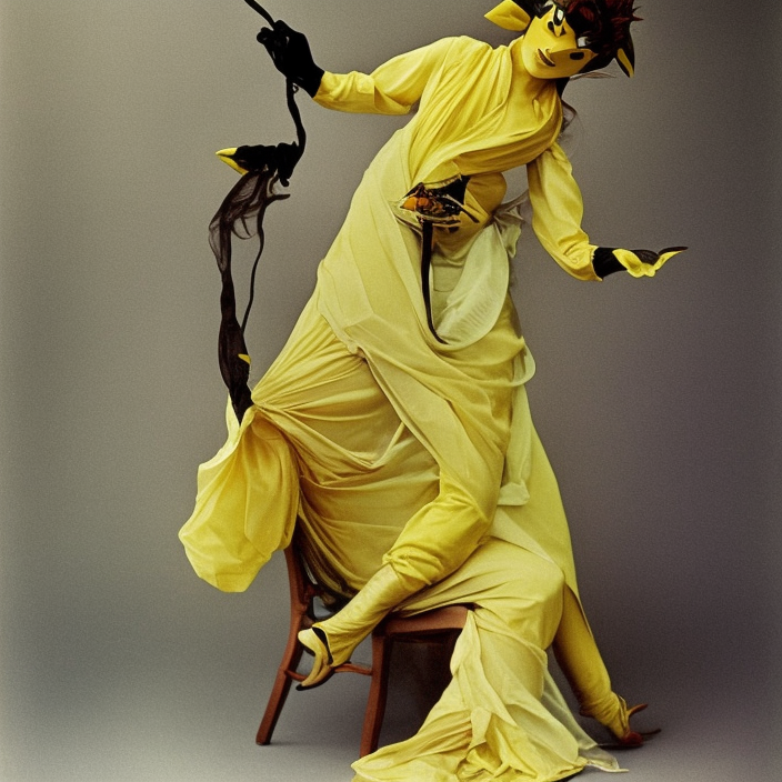 elegant woman dressed up as pikachu, art photo by Annie Liebovitz and Alphonse Mucha