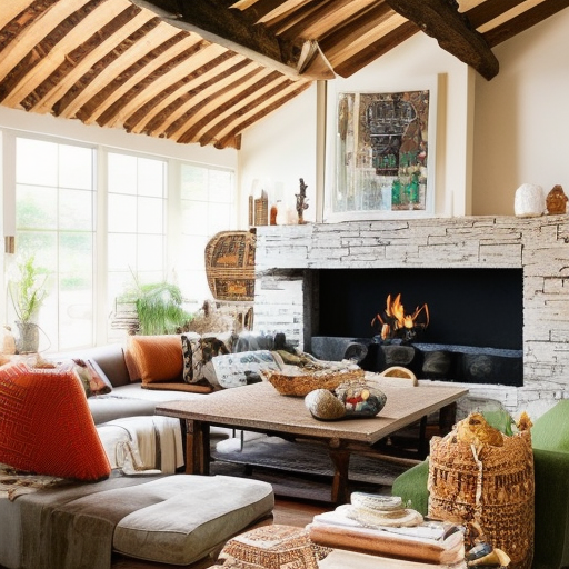 Boho style living room with large fireplace