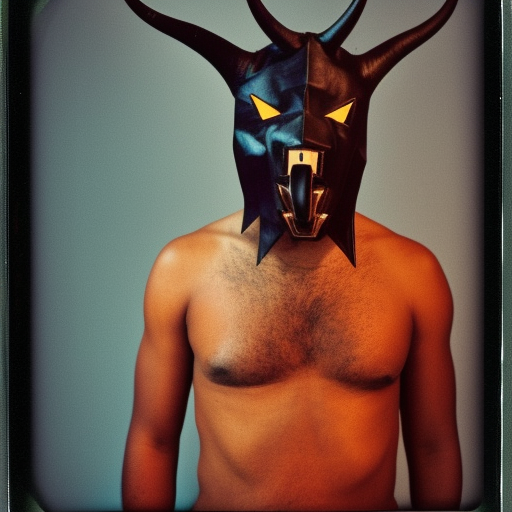 Long shot, a polaroid of a shirtless African American male wearing a devil mask with ram’s horns, dark, thriller, cinematic