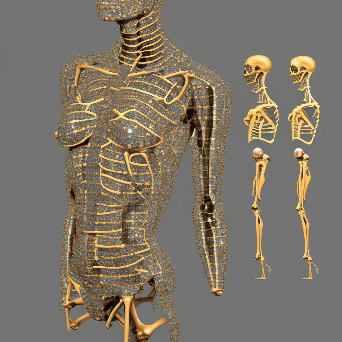 female torso with bones made of diamonds with lightning inlaid her skin, anatomic description, gems, gold, 8k, details, studio lighting, realism, complex lights