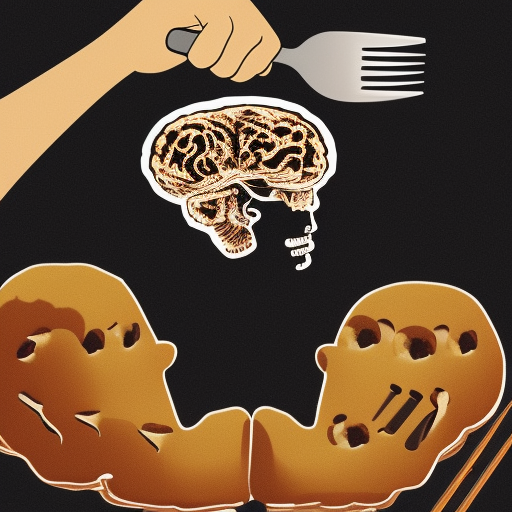 One microphone in the shape of a human with a fork and knife in his hands is eating a human's brain in a dish