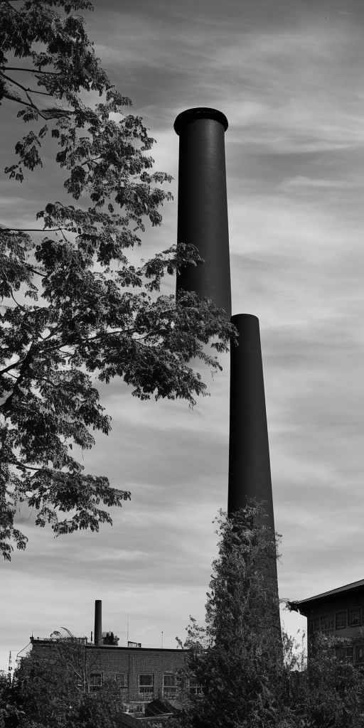 A black and white photo of a factory in Wuppertal, a very close-up shot. It's a clear and bright day. In the center of the picture, a brick chimney rises up, dominating the upper half of the image. In the background, behind the industrial building, there is a tree. Actually, everything except for the chimney is in a deep, dark shadow. The chimney, on the other hand, as the tallest object, rises phallically and reaches out to the sunlight as if it were a tree turning towards its source of nourishment. The other tree, which is not just like a tree, but a real tree, is only a dark outline. Would it be a bit too overblown if I were to say: Here, the human work of capitalism rises above natural creativity, showing its strength and pride, without realizing that its downfall is already embedded in this outstanding pride? Or is a chimney sometimes just a chimney?